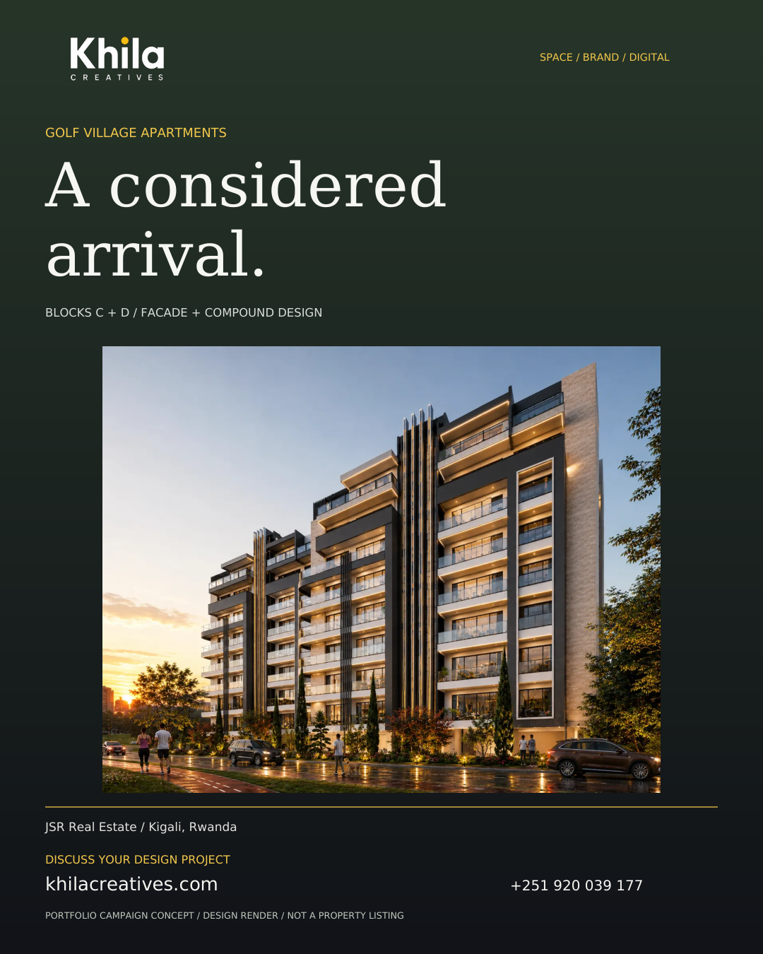Golf Village Apartments: A considered arrival. Marketing poster